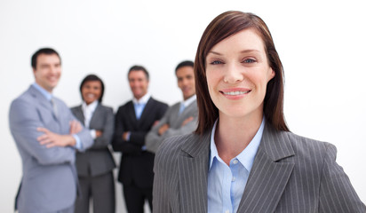 Smiling businesswoman leading her team