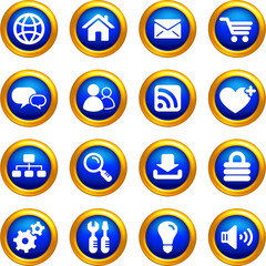 internet icon set on  buttons with golden borders