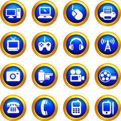 technology and communication icons on  buttons with golden borde
