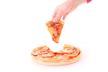 Tasty pizza and hand