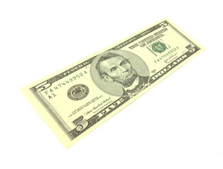 Stretched five dollar bill at an angle