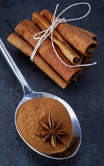 a spoon with star anise and cinnamon sticks