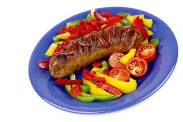 Sausage and paprika on a plate.