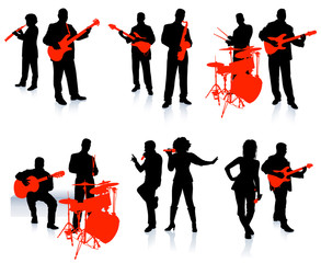 Music group with singers and instruments on white background