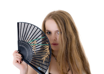 blonde with a fan