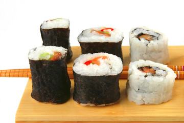 sushi rolls on wooden plate