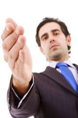 young businessman extending his hand welcoming you into his offi