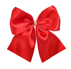 red gift satin ribbon bow on white background