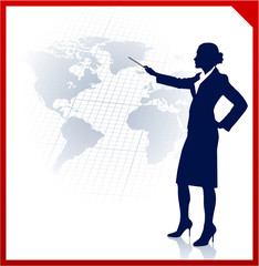 Young businesswoman pointing at world map
