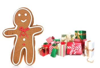 Gingerbread Man and Presents Against a White Background