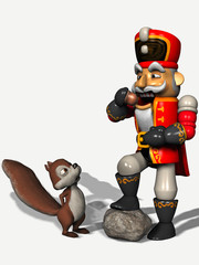 A squirrel watching a Nutcracker who eats a nut