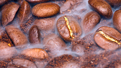 fragrant fried coffee beans with smoke