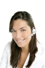 Beautiful headset businesswoman portrait in white