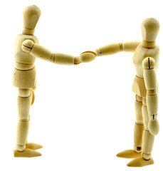 pantins articulés bois bonjour se serrer la main fond blanc © Unclesam