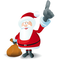 niedlicher weihnachtsmann mit großer hand zeigt nach oben