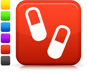 medical pills icon on square internet button