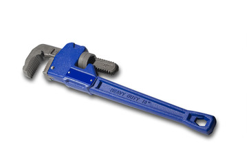 Blue plumber's wrench on white with shadow and clipping path