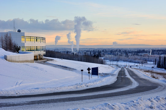 University of Alaska Fairbanks, in winter at sunset