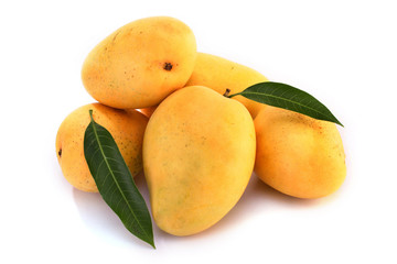 Ripe mangoes on white