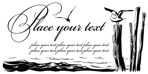 Vector card: the Seagull sitting on columns at river coast