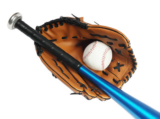 Brown baseball glove, bat and white ball