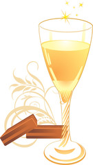 Candies and glass with champagne. Vector