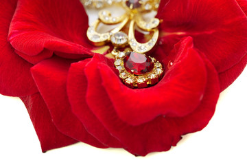 Necklace on the petals of red roses