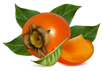 Photorealistic vector illustration. Persimmons with leaves.