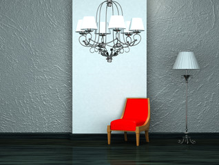 Red chair with luxury chandelier and stand lamp in interior