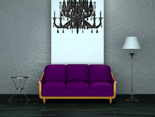 Purple sofa with table and stand lamp in dark minimalist interio