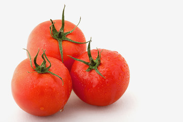 Fresh Red Tomatoes with Water Drops on a White Background