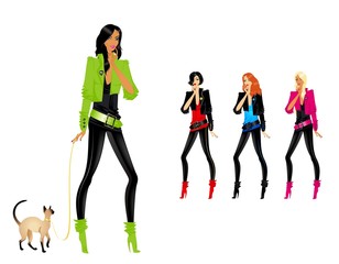 Obraz premium Set of beautiful fashionable glamour girls with a cat