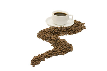 Cup from coffee on coffee grains isolated