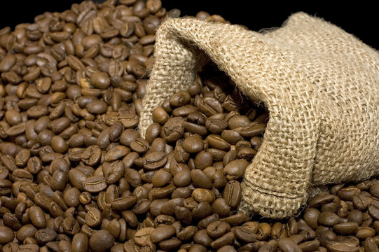 Bag from coffee isolated on black background