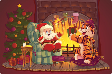 Santa and Tiger Greeting card with symbols of New Year