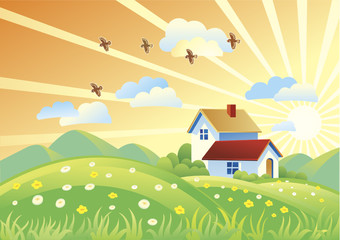 Obraz na płótnie Canvas Summer sunset with houses and a flying flock of birds