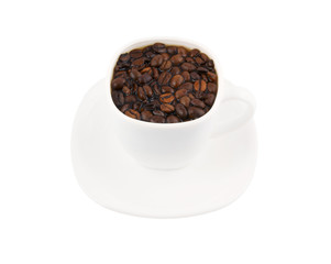 Grains in cup of coffee isolated on white