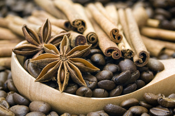 coffee beans, cinnamon and anise