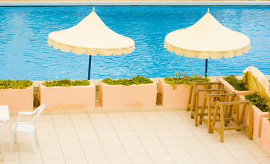 Parasols near a hotel pool