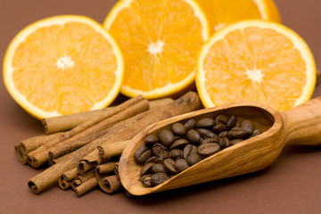 orange, coffee, cinnamon and almonds