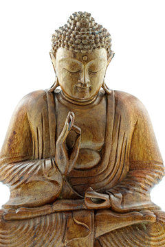 statuette bouddha bois teck posture vitarka fond blanc