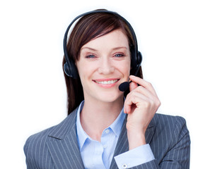 Smiling customer service agent with headset on