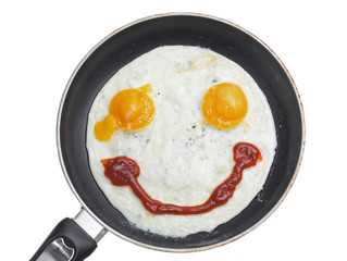 smiló of fried eggs on the frying pan.