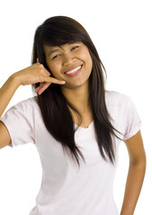 young beautiful asian woman showing call sign