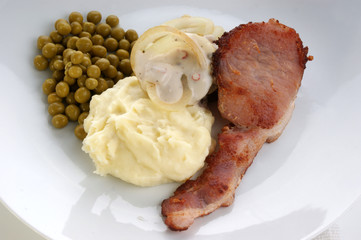 mash potato with organic pea and meat on a plate