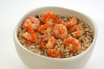 fresh organic prawns with rice in a bowl