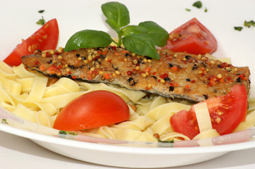 home made tagliatelle with organic tomato and mackerel