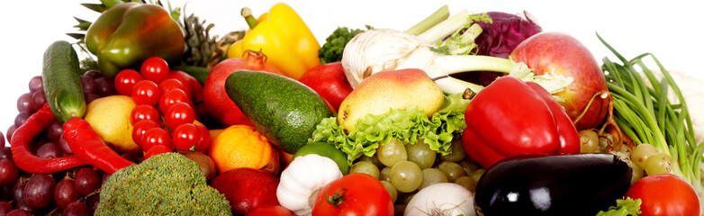 Group of fruit and vegetables. Panorama isolated.