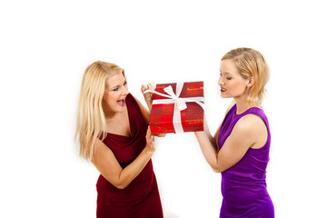 two happy winter woman with red christmas present