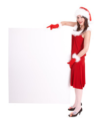 Christmas girl in santa hat with banner. Isolated.